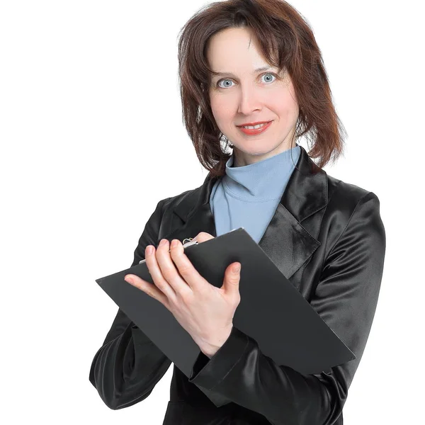 Mujer de negocios moderna con documentos .isolated en blanco — Foto de Stock