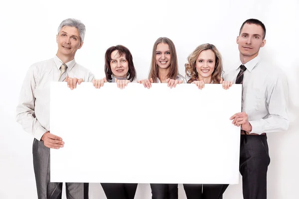 Equipe de negócios profissional com grande cartaz em branco — Fotografia de Stock