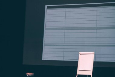 konferans odasında boş ekran ve flipchart.
