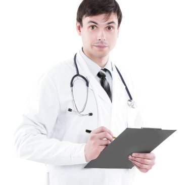 Genç bir doktor portresi. Beyaz önlük doktor