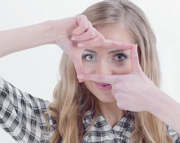 Selbstbewusste junge Geschäftsfrau fertigt Handrahmen — Stockfoto