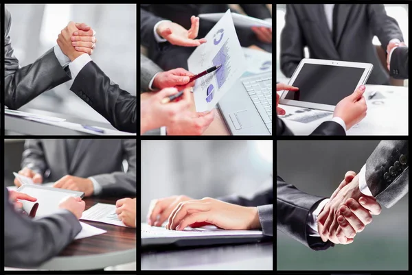 Collage Geschäftsfrau Hände arbeiten mit Touchpad und Papieren im Büro — Stockfoto