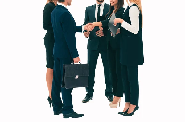 Ontmoeten van businesspartners en een handdruk tijdens de bijeenkomst — Stockfoto