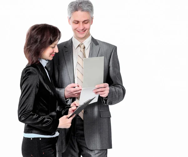 Mensen uit het bedrijfsleven, bespreking van het Verdrag. Geïsoleerd op witte achtergrond. — Stockfoto