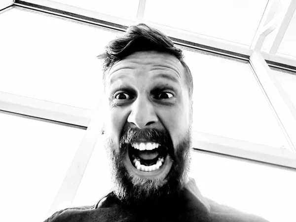 Portret van een gelukkige man met een emotionele baard — Stockfoto