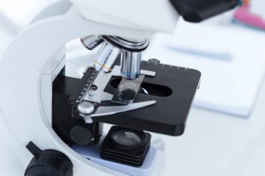 Laboratuvardaki bir masanın üzerinde mikroskop resmi..