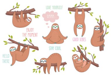 Set of cute hand drawn sloths hanging on the tree. Lazy animal characters. Jungle animal collection. clipart