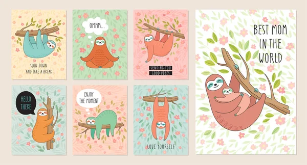 Set Cards Cute Hand Drawn Sloths Hanging Tree Lazy Animal — Stock Vector