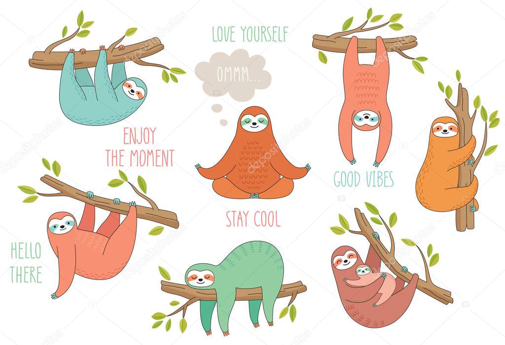 Set of cute hand drawn sloths hanging on the tree. Lazy animal characters. Jungle animal collection.