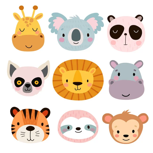 Des Visages Animaux Mignons Personnages Dessinés Main Illustration Vectorielle — Image vectorielle