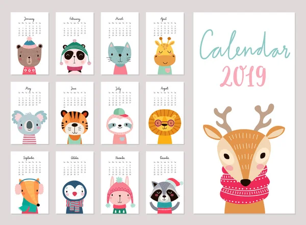 Календарь 2019 Милый Месячный Календарь Животными Ручные Рисунки Векторная Иллюстрация — стоковый вектор