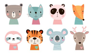 Sevimli hayvanlar ile Noel kartı. Elle çizilmiş karakterler. El ilanları tebrik. Vektör çizim.