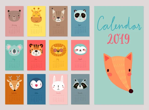 Kalendarzowy 2019 Ładny Kalendarz Miesięczny Zwierzętami Ręcznie Rysowane Postacie Ilustracja — Wektor stockowy