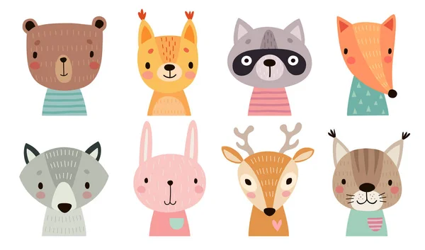 Caras de animales lindos. Personajes dibujados a mano . — Vector de stock