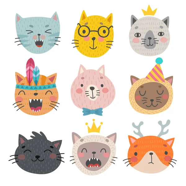Οι χαριτωμένες γάτες είναι φάτσες. Χαρακτήρες με χέρι. Απεικόνιση διανυσματικών φορέων. — Διανυσματικό Αρχείο