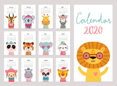 Takvim 2020. Vahşi hayvanlarla dolu sevimli bir aylık takvim. Elle çizilmiş yağmur ormanı karakterleri.