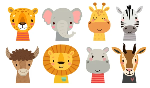 Cute African animal faces. Hand drawn characters. Sweet funny animals. — 图库矢量图片