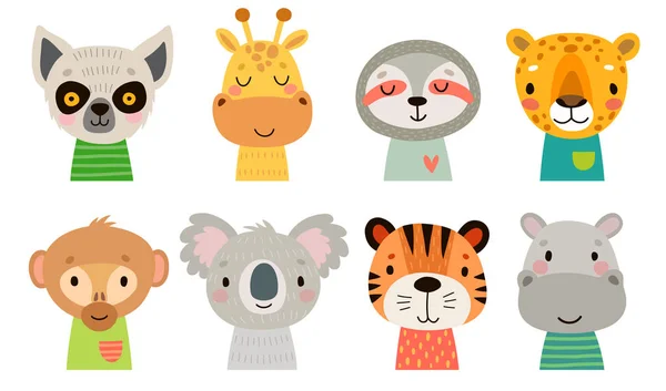 Jolis visages d'animaux de la jungle. Personnages dessinés à la main. Doux animaux drôles . — Image vectorielle