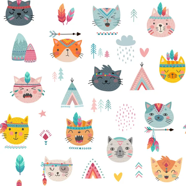 Naadloos patroon met tribal boho katten. Handgetekende schattige karakters. — Stockvector