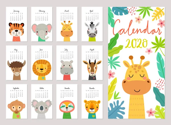 Calendario 2020. Carino calendario mensile con animali della giungla. Personaggi disegnati a mano foresta pluviale . Vettoriali Stock Royalty Free