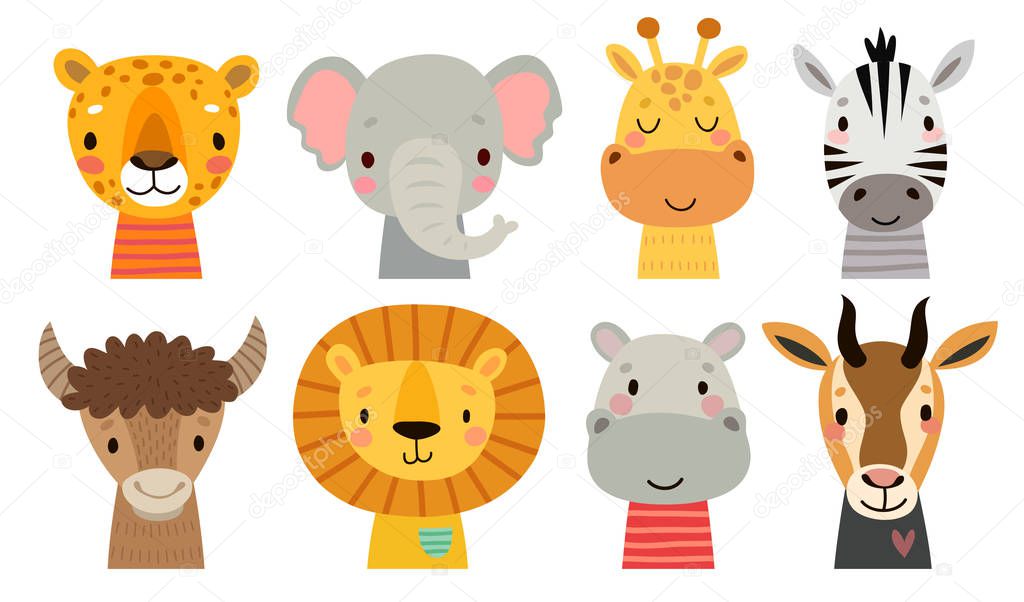 Cute African animal faces. Hand drawn characters. Sweet funny animals.