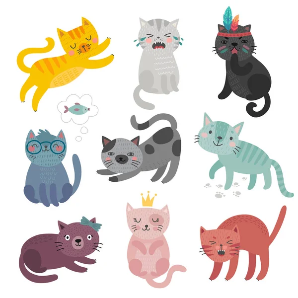 Des visages de chats mignons. Personnages dessinés à la main. Doux chatons drôles . — Image vectorielle