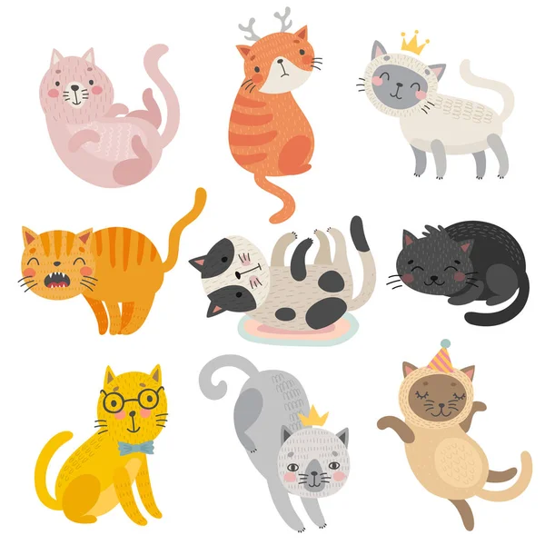 Des visages de chats mignons. Personnages dessinés à la main. Doux chatons drôles . — Image vectorielle