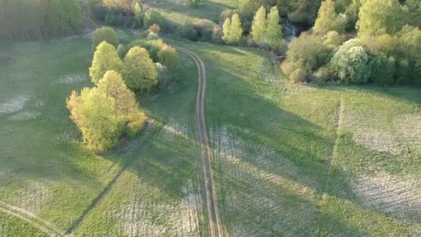 Drohne Fliegt Über Schöne Frühlingslandschaft Mit Straße Und Zeit Der — Stockvideo