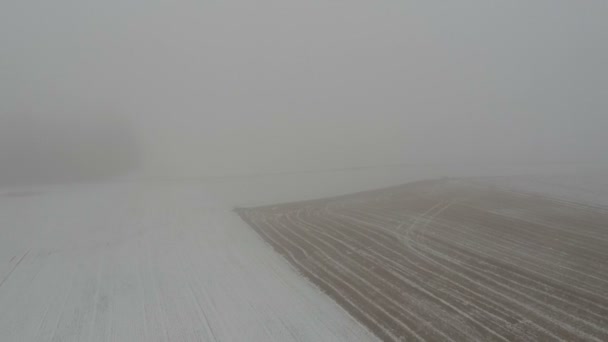 Mistige Winter Ochtend Landbouwgrond Veld Met Stoppels Sneeuw Luchtfoto — Stockvideo
