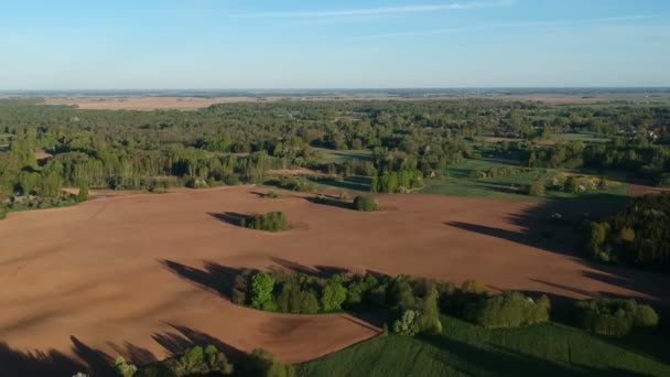 Vackra Våren Landskap Med Sådde Fält Och Lundar Flygfoto — Stockvideo