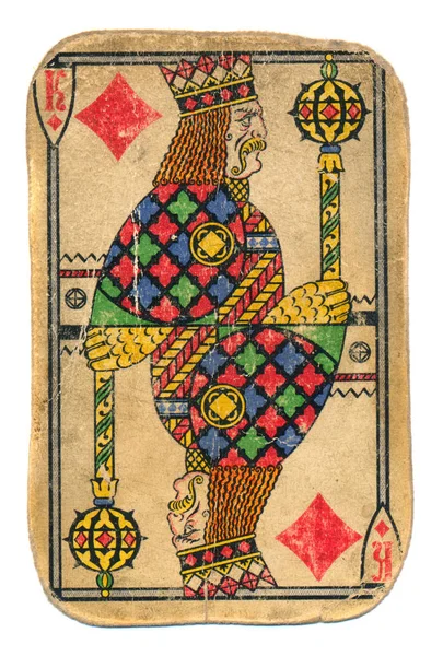 Vintage Used Rubbed Playing Card King Diamonds Isolated White — Stock Photo, Image