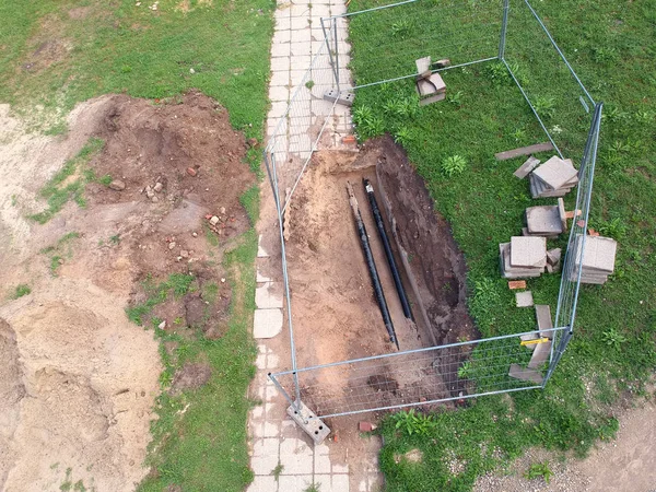Heating System Repair Works Trench Pipeline Park Drone Aerial — Stock Photo, Image