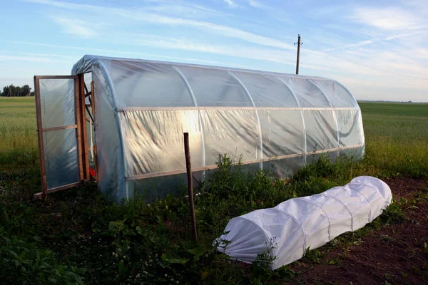 Plastic Primitive Greenhouse Hothouse Field Farm — Stock Photo, Image