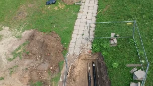 Heating System Repair Works Trench Pipeline Park Drone Aerial — Stock Video