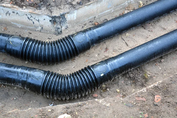 Two New Black Heating Water Tube Pipe Trench — Stock Photo, Image
