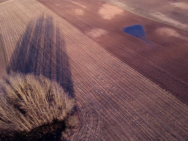 Early Spring Wet Farmland Fields Stubble Evening Shadow Aerial View — Stock Photo, Image