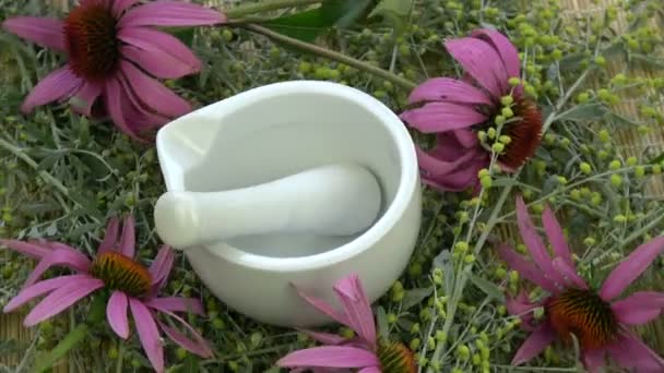 Rotating Bamboo Mat White Mortar Pestle Medical Absinth Wormwood Echinacea — Stock Video