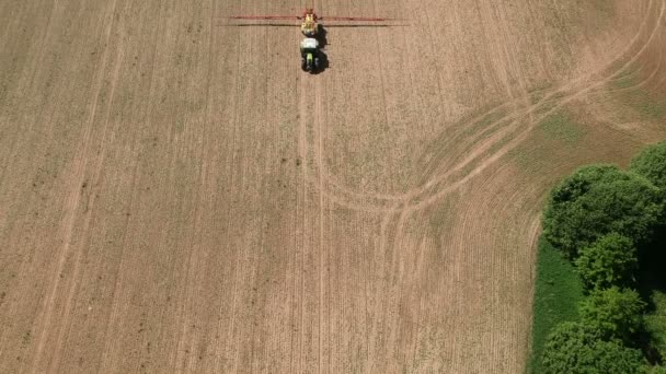 Начале Весны Сельскохозяйственные Тракторы Распыляют Удобренные Ростки Рапса Вид Воздуха — стоковое видео