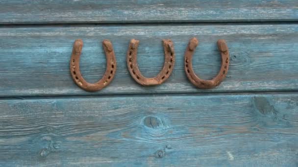 Three Lucky Successful Old Rusty Horseshoe Wooden Wall — Stock Video