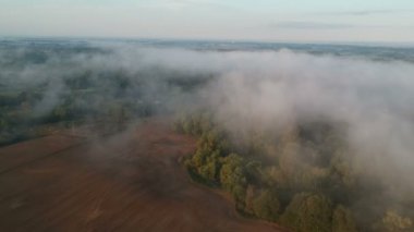 Bulutlu yaz sonu güneş doğumu tarım arazisi üzerinde, sis bulutları hareket ediyor, hava manzarası