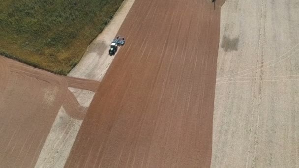 Trator Que Cultiva Campo Colza Colhido Final Verão Vista Aérea — Vídeo de Stock