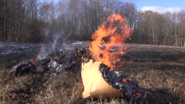 Verbrand Kartonnen Dozen Het Veerveld Boerderij — Stockvideo