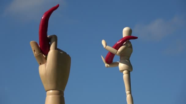 旋转的天空背景木制艺术家曼金和手与红辣椒 — 图库视频影像
