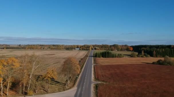 秋の時間アスファルト道路や農業分野 航空ビュー — ストック動画