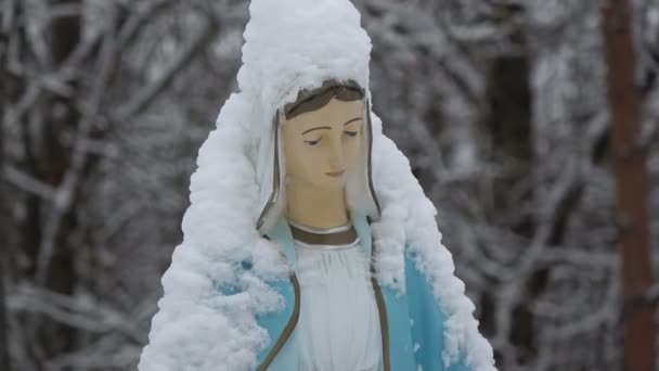 Snowy Najświętsza Maryja Panna Prymitywna Rzeźba Starym Cmentarzu — Wideo stockowe