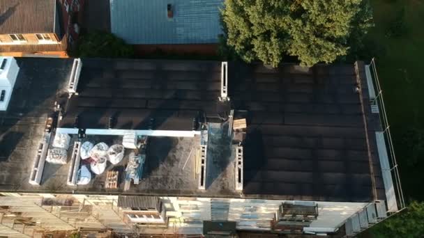 Old Flat House Roof Renovation Materials Aerial View — Stock Video