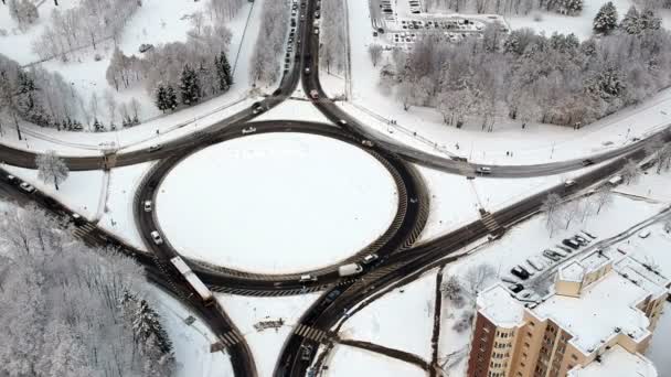 Roundabout Road Circle Cars Winter Aerial View — Stock Video