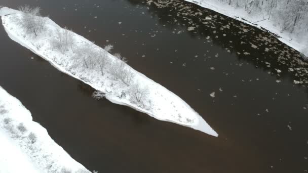 冬の川 空撮で雪に覆われた長い小島します — ストック動画