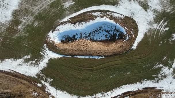 Karst Sink Hole Agriculture Field Winter End Aerial View — Stock Video