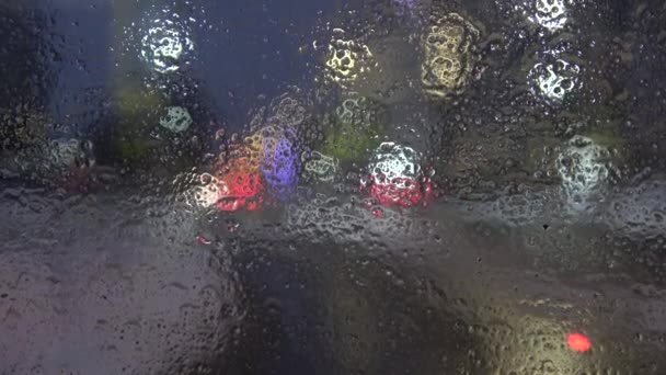 Blur Winter City Night Lights Frozen Bus Window — Stock Video